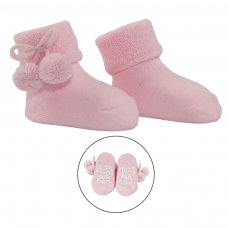 S522-P: Pink Anti-Slip Terry Socks w/Pom Pom (0-12 Months)